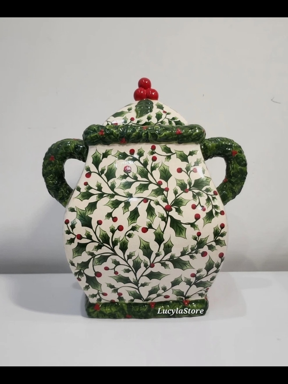 11.8" Pacific Rim English Christmas Holiday Red Berries LARGE Handle Covered URN